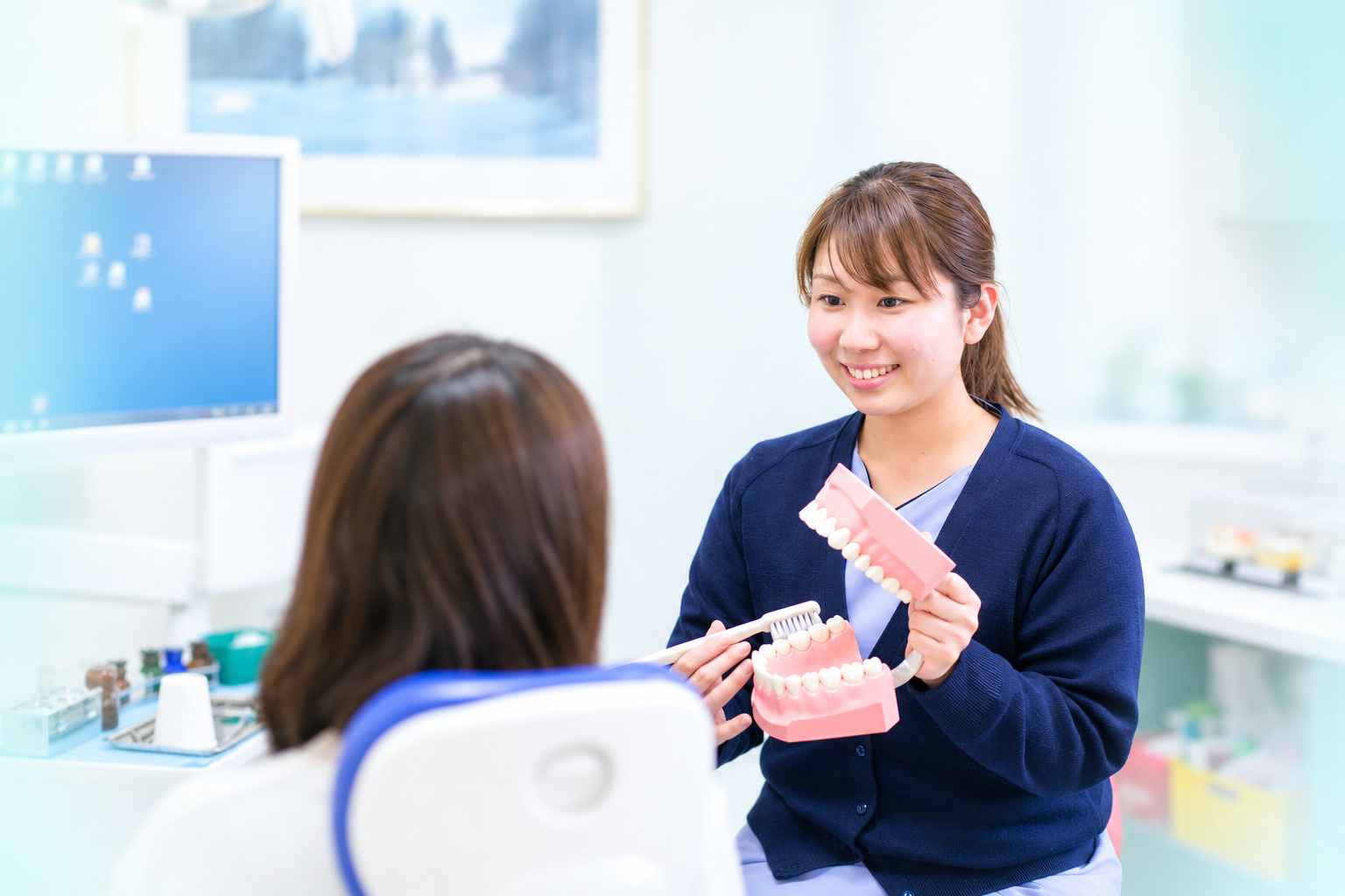 歯の模型を使って患者さまに説明する歯科衛生士