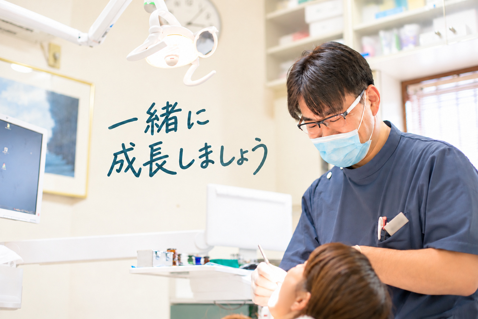 加賀歯科クリニックの診療風景と「一緒に成長しましょう」のメッセージ